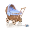 Natural Wicker and Wood Retro Style New Doll Pram  Bedding Set White Dots on Blue