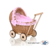 Natural Wicker and Wood Retro Style New Doll Pram  Bedding Set White Dots on Pink