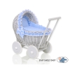 New Retro Style Gray Wicker Doll Pram/Stroller Handmade Bedding Set White Dots on Blue