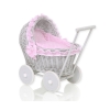 New Retro Style Gray Wicker Doll Pram/Stroller Handmade  Bedding Set White Dots on Pink