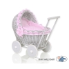 New Retro Style Gray Wicker Doll Pram/Stroller Handmade  Bedding Set White Dots on Pink