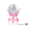 Pink Wicker Doll Carriage Pram Gray with White Dots Bedding Set