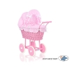 Pink Wicker Doll Carriage Pram Pink Bedding with White Dots