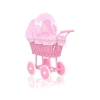 Pink Wicker Doll Carriage Pram Pink checkered Bedding