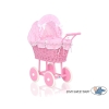 Pink Wicker Doll Carriage Pram Pink checkered Bedding