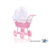 Pink Wicker Doll Carriage Pram White Bedding Set