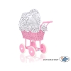 Pink Wicker Doll Carriage Pram White with Black Dots Bedding Set