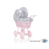 Pink Wicker Doll Pram Carriage Bedding Set White Dots on Gray