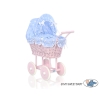 Pink Wicker Doll Pram Carriage Blue with Big White Dots