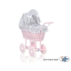 Pink Wicker Doll Pram Carriage Gray with White Dots Bedding Set