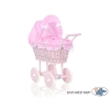 Pink Wicker Doll Pram Carriage Pink checkered Bedding