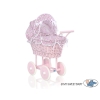 Pink Wicker Doll Pram Carriage - Pink Flowers Bedding Set