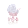 Pink Wicker Doll Pram Carriage White with Navy Blue Dots Bedding Set