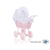 Pink Wicker Doll Pram Carriage White with Navy Blue Dots Bedding Set