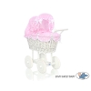 Retro Style White Wicker Doll Pram Bedding Set White Dots on Pink