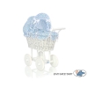 Retro Style White Wicker Doll Pram Blue Flowers Bedding Set
