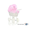 Retro Style White Wicker Doll Pram Pink checkered Bedding