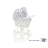 Retro Style White Wicker Doll Pram White Gray Checkered