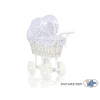 Retro Style White Wicker Doll Pram White with Navy Blue Dots Bedding Set