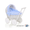 White Wicker Doll Bassinet Stroller Retro Style Basket Handmade  Bedding Set White Dots on Blue