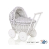 White Wicker Doll Bassinet Stroller Retro Style Basket Handmade  Bedding Set White Dots on Gray