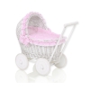 White Wicker Doll Bassinet Stroller Retro Style Basket Handmade  Bedding Set White Dots on Pink