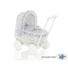 White Wicker Doll Pram Basket Bedding Set White Dots on Gray