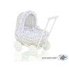 White Wicker Doll Pram Basket Bedding Set White with Navy Blue Dots