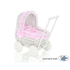 White Wicker Doll Pram Basket Pink Bedding with White Dots