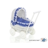 White Wicker Doll Pram Basket with Bedding Navy Blue with White Dots
