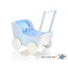 Wooden Doll Pram White-Blue Bedding Set White Dots on Blue