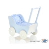 Wooden Doll Pram White-Blue Blue with Big White Dots