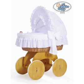 Baby bassinet with wheels Natural Wicker & Wood hood crib Charlotte White Embroidered Bedding Set no 50102White Bedding Set