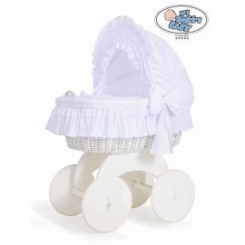 Baby bassinet with wheels White Wicker & Wood hood crib Charlotte White Embroidered Bedding Set no 70102White Bedding Set