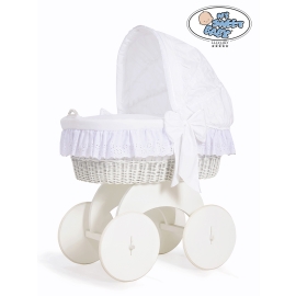 Baby bassinet with wheels White Wicker & Wood hood crib Sophia no. 70102-912