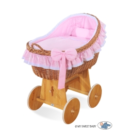 Baby bassinet with wheels Wicker hood crib Carina- Pink