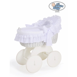 Baby bassinet with wheels Wicker hood crib Charlotte- White with lace