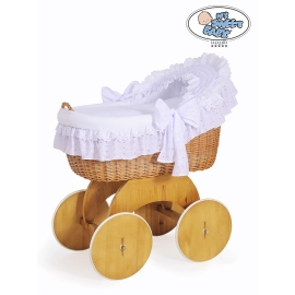 Baby bassinet with wheels Wicker hood crib Lily - White with lace