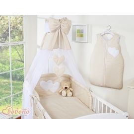 Baby Bed Canopy made of Chiffon- Hanging Hearts white polka dots on beige