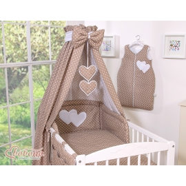 Baby Bed Canopy made of cotton- Hanging Hearts white dots on brown