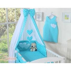 Baby Bed Canopy made of cotton- Hanging Hearts white dots on turquoise