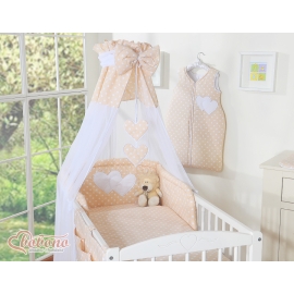 Baby Bed Canopy made of tulle- Hanging Hearts white dots on beige