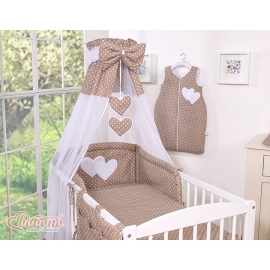 Baby Bed Canopy made of tulle- Hanging Hearts white dots on brown