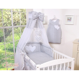 Baby Bed Canopy made of tulle- Hanging Hearts white dots on Gray