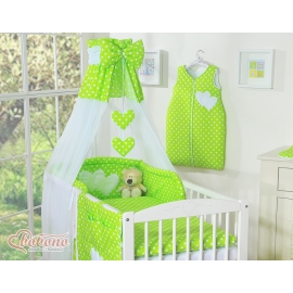 Baby Bed Canopy made of tulle- Hanging Hearts white dots on green