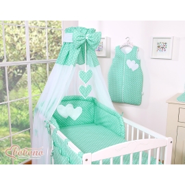 Baby Bed Canopy made of tulle- Hanging Hearts white dots on mint