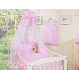 Baby Bed Canopy made of tulle- Hanging Hearts white dots on pink