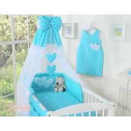 Baby Bed Canopy made of tulle- Hanging Hearts white dots on turquoise