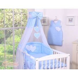 Baby Bed Canopy made of tulle- Hanging Hearts white polka dots on blue