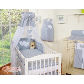 Baby Bed Canopy made of tulle- Hanging Hearts white polka dots on gray